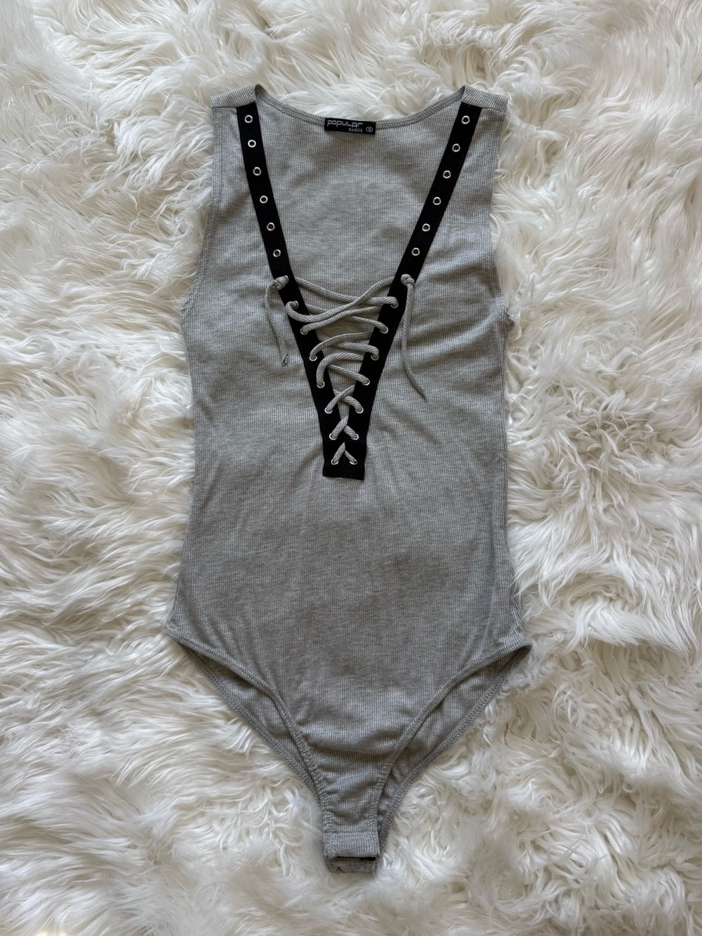 Grey Lace-Up Ribbed One-Piece Bodysuit